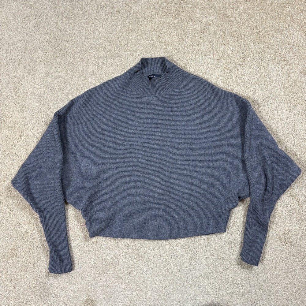 Zara Knit Cropped Sweater Size S Long Sleeve Boat Neck Ribbed Dark Gray